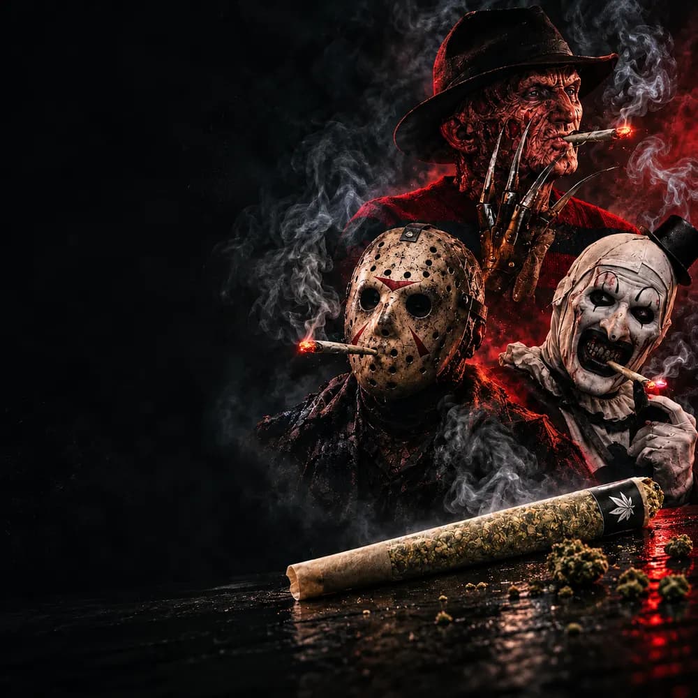 Freddy, Jason and Art the Clown smoking joints behind a giant pre-roll