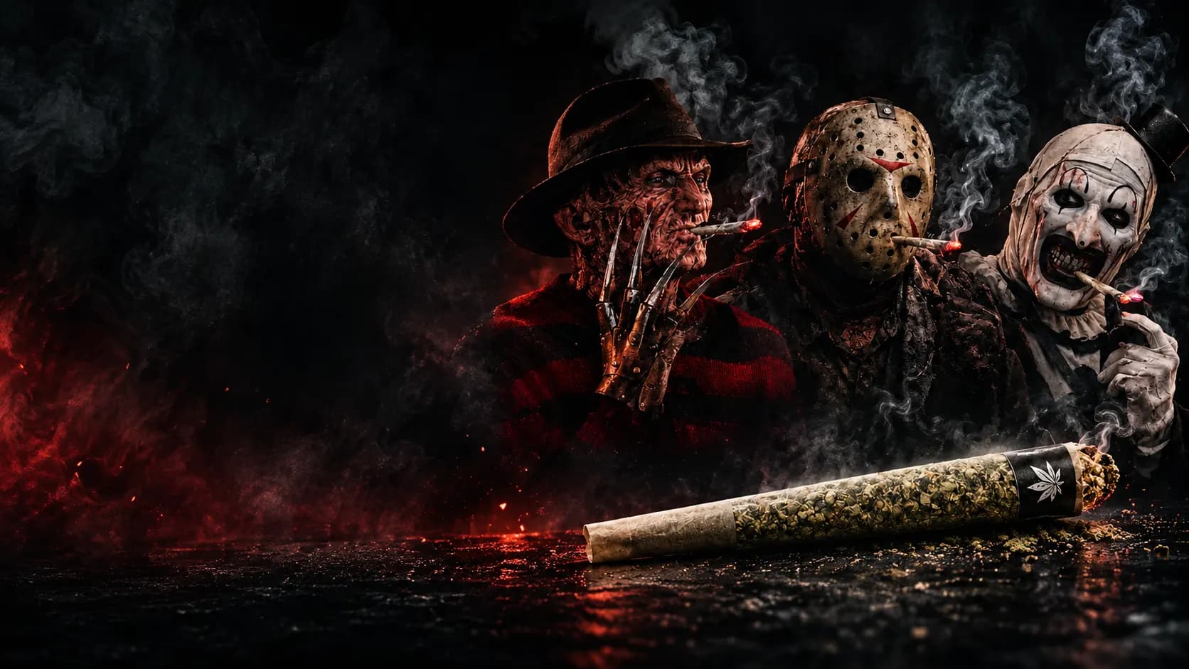 Freddy, Jason and Art the Clown smoking joints behind a giant pre-roll
